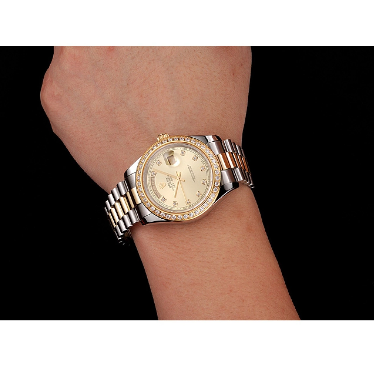 Rolex copies cheap Bracelet Stainless 1453974 Steel Swiss Two Gold Champagne Dial Tone Day-Date Diamond Rolex Case 0805